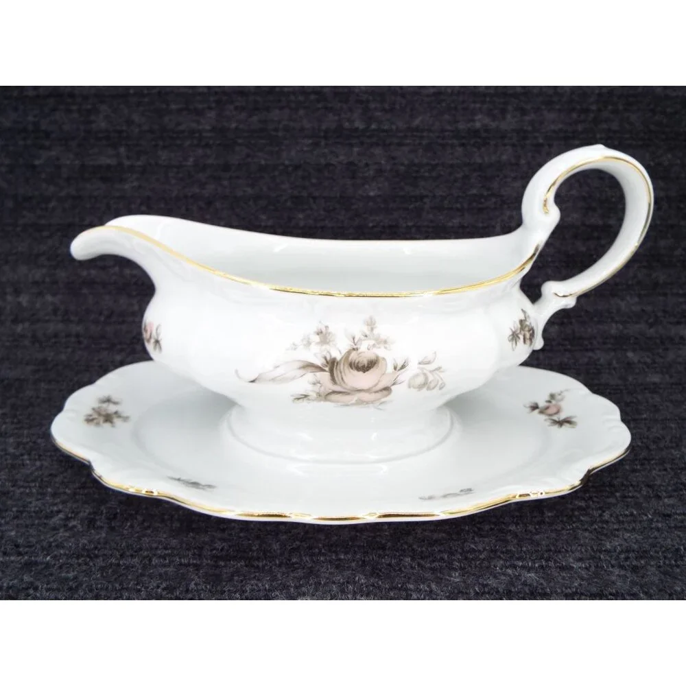 Johann Haviland Sepia Rose Gravy Boat Attached Underplate Bavaria Germany